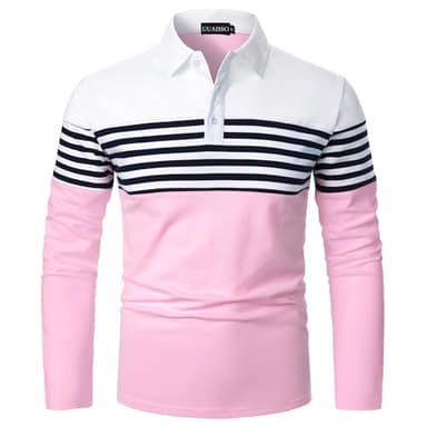 UUAISSO Polo à Manches Longues pour Homme Polo à Rayures Couleur Contrastée Coupe Ajustée Coton Golf Polos Blanc + Rose XL