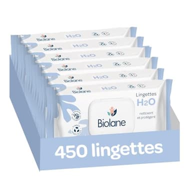 BIOLANE - Lingettes bébé à l'eau - 450 Lingettes - Lot de 6x75 - Nettoyage doux et efficace - Dès la naissance - Qualité Française