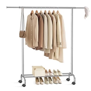 SONGMICS Porte-Manteau à roulettes, Portant à Vêtements Extensible en Métal, avec Étagère de Rangement Surélevée, 40 x (83-120) x 156 cm, Capacité Totale 45 kg, Argent HSR134E01