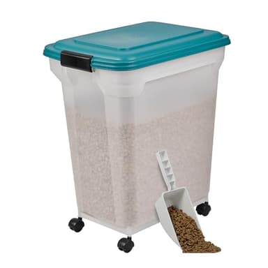 Iris Ohyama, Boite Croquette Chien Hermetique à Roulettes, 40L/15kg, Bleu Sarcelle, Couvercle à Rabat avec Joint Etanche, Plastique, pour Chien, Chat, Friandises, Conteneur Croquettes, sans BPA, ATS-L