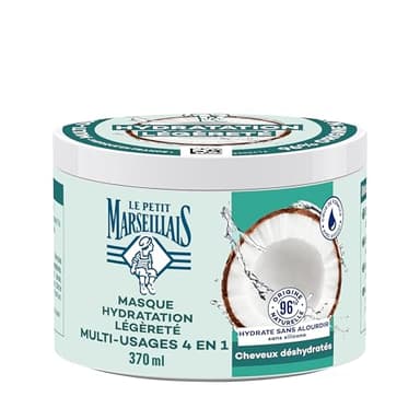 Le Petit Marseillais Masque 4 en 1 Hydratation Légèreté Eau de Coco Bio (Pot de 370 Ml) – Masque Capillaire pour Cheveux Déshydratés – Soin Cheveux sans Silicone 96% d'Origine Naturelle
