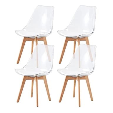 EGGREE Lot de 4 Chaises de Salle à Manger Scandinaves en Bois de Hêtre Testées SGS, 4 Ensembles de Chaises de Cuisine avec Coussins de Siège en Cuir Blanc et Dossier Transparent