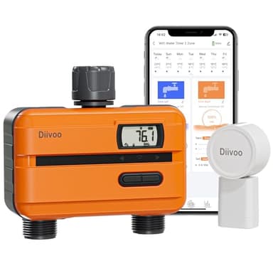 Diivoo Programmateur Arrosage WLAN 2 Sorties, Débitmètre d'eau intégré, Minuterie d'Arrosage Automatique avec App et 8 Programmes d'arrosage, Horloge d'arrosage Automatique pour Jardin et Pelouse