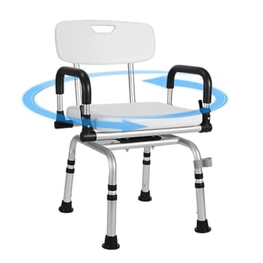 Chaise de Douche Pivotante à 360°, Siège de Douche Réglable avec Accoudoirs et Dossier, Tabouret de Douche Pivotant pour Seniors, Hauteur Réglable de 40 à 48 cm, Tabouret Salle de Bain Antidérapant