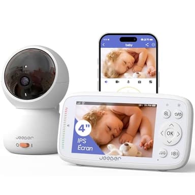 jeeber Babyphone Caméra Bébé, 4" IPS Écran, 1080P, 360 Degrés, Vision Nocturne, Communication bidirectionnelle, Température, VOX, 300m Longue Portée Babyphone Connecté Smartphone