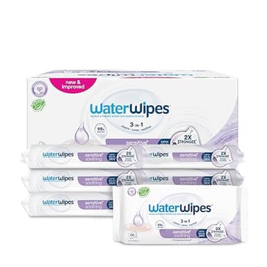 WaterWipes Sensitive+ Soothing Clean Wipes, Lingettes Apaisantes, 360 unités (6 paquets), 3-en-1 nettoie, soigne, apaise, 99% d'eau avec extraits botaniques, non parfumées