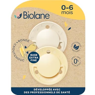 BIOLANE - Tétines rondes - Sucettes extra-fines - 0 à 6 mois - Jaune et Beige - Téterelle en caoutchouc naturel - Respect du développement bucco-dentaire- Douces et confortables