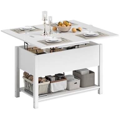 HOMCOM Table Basse relevable et Extensible, Table de Salon avec Plateau Pliant, Compartiment caché et étagère Ouverte, Style Moderne, pour Salon, Bureau, Manger, 100 x 45 x 50,5 cm, Blanc