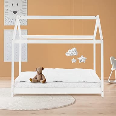 ML-Design Lit Cabane Enfant 70x140 cm avec Toit et Sommier à Lattes, Blanc en Bois de Pin Massif, Couchage au Sol Maisonnette pour Fille Garçon Adolescent Chambre à Coucher, Structure Style Maison