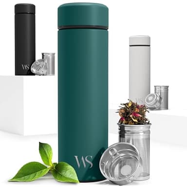 Bouteille d’eau isotherme à infusion thé & fruits + infuseur à fruit + passoire thé sans BPA | Thermos 450ml en acier inoxydable isolé sous vide | Gourde bureau extérieur école voyage sport – Teal