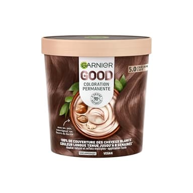 Garnier - Coloration Permanente - Sans Ammoniaque - 90% d'Ingrédients d'Origine Naturelle et Formule Vegan - Beurre de Karité - 100% Couverture Cheveux Blancs - Châtain Clair Café (5.0) - Good