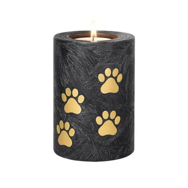 Urne funéraire avec bougeoir pour Chien et Chat – 13 cm | 400 ML – Noir et Or avec Empreintes de Pattes | Urne en Verre décorée à la Main – pour Bougie mémoire