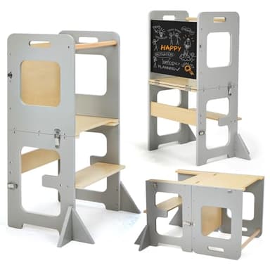 Labebe Tour d'apprentissage pour Enfants, Montessori Learning Tower avec Tableau Noir, Multifonction 3 en 1 Tour d Observation Pliable, Tour d'apprentissage à partir de 1an （Grau）