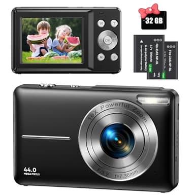 Appareil Photo Numérique Compact avec Carte 32Go, 1080P HD 44MP Appareil Photo Enfant avec 16X Digital Zoom, 2,4" LCD pour Enfants, Adolescents, Débutants, Garçons et Filles(Noir)