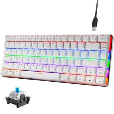 Hoopond Clavier mécanique rétroéclairé avec LED arc-en-ciel, AK33, câble USB, clavier mécanique compact 82 touches avec touches anti-ghosting pour gaming et saisie dactylo (interrupteur bleu, blanc)