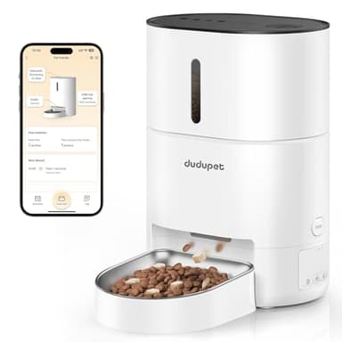 DUDUPET Distributeur Croquettes Chat Automatique- 4L télécommande WiFi 2.4G, Double Alimentation, Enregistrement Vocal 10 Secondes, Bol en Acier Inoxydable, Convient aux Chats et aux Petits Chiens