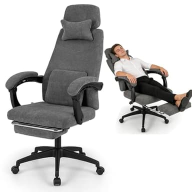 GYMAX Chaise de Bureau avec Repose-Pieds Rétractable, Dossier Inclinable avec Appuie-Tête et Coussin Lombaire pour Repos, Hauteur Réglable 43-50cm, Fauteuil Relax Rembourré, Mobile avec roulettes