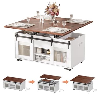Basse relevable et extensible avec station de charge et rangement, convertible en table de salle à manger, multifonction 3 en 1 pour salon ou salle à manger, facile à