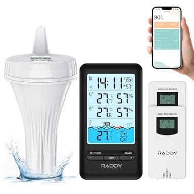 Raddy PT-3 Wi-Fi Thermomètre de piscine flottant, APP moniteur à distance, grand écran numérique facile à lire, avec 2 capteurs supplémentaires, pour piscines intérieures & extérieures
