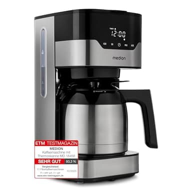 MEDION Cafetière isotherme MD 18458, machine à café avec minuterie, stop-goutte et sélecteur d'arôme, avec thermos d'une capacité d'1,1 litre, acier inoxydable