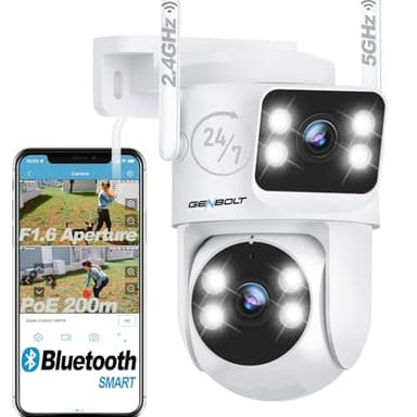 GENBOLT PTZ Caméra Surveillance Extérieur, 2.4/5Ghz WiFi Caméra IP avec Double Objectif & Double Vue, Vision Nocturne Couleur, Détection Humaine,Suivi Auto (DC & PoE)