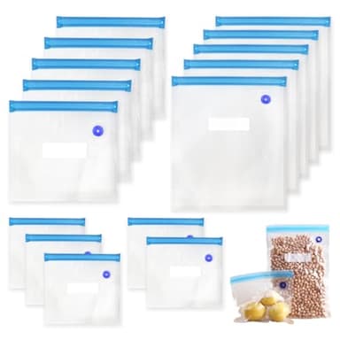 15 Pièces Sac Sous Vide Alimentaire Reutilisable, 3 Tailles Sac Congelation Sous Vide avec 4 Clips de Scellage, avec Valve, Zip, pour Le Stockage des Aliments, pour Conserver Les LéGumes, Les Fruits