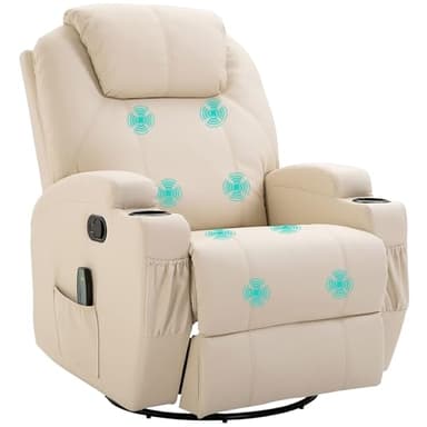 HOMCOM Fauteuil de Massage inclinable, Bascule et pivotant à 360°, Fauteuil de Relaxation, Dossier et Repose-Pieds réglable manuellement, télécommande, Porte-gobelets et Poches latérales, crème
