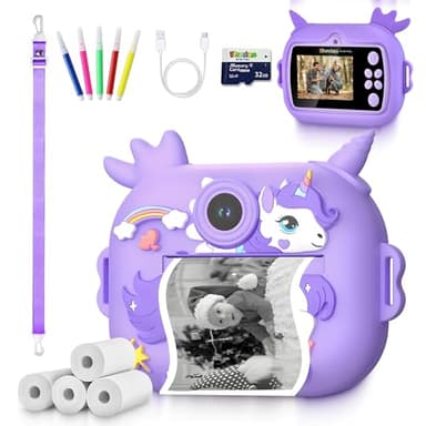 Appareil Photo Instantané Enfant (4-10 Ans) - Double Objectif (Photo/Selfie) - Impression Instantanée - Vidéo 1080P - Carte 32GB – Coque Antichoc - Facile à Utiliser - Cadeau Parfait Créatif Educatif