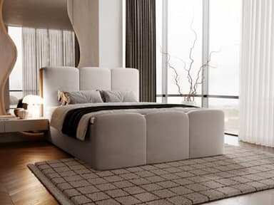 GRAINGOLD Campi Lit 160x200, Boxspring avec Coffre de Rangement, Rembourré avec Matelas à Ressorts Bonell, Lit Double, Tissu en Velours, avec Surmatelas, avec Tête de Lit (Gris, 160x200)