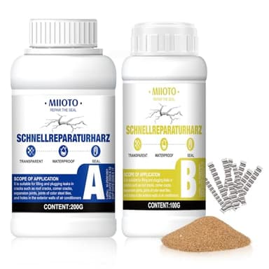 Miioto 300g Kit Réparation Chape, Réparation Fissures Béton, Mortier Résine époxy, Chape en Résine Coulée | 200g Sable Quartz, 30 Serre-Joints | pour Résine de Coulée, Rénovation, Fissuration
