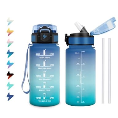 Bouteille d'eau Enfant 500ml, Gourde Motivation avec Marqueur de Temps, Gourde avec Paille, Portable, Étanche et Réutilisable, Bouteille pour Bureau, Déplacements, Gym, Course à Pied, Camping