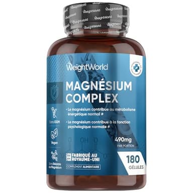 Magnesium complex 490mg Magnesium Bisglycinate, Citrate, Malate et Taurate (4 Types) 180 Gélules, 6 mois d'Approvisionnement, Vegan, sans OGM, sans Lactose, sans Gluten avec L-Leucine Acide Aminé