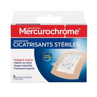 MERCUROCHROME - Pansements Cicatrisants Stériles - Soulage et Cicatrice - Indolore au retrait - Support extensible - Pansement Respirant - x6-7cm x 5cm - Technologie Lipido Colloïde
