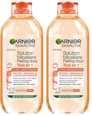 Garnier - Eau Micellaire Tout-en-1 Peeling Doux - 1% PHA & Acide Glycolique - Exfoliante & Lissante - Pour Tous Types de Peaux - Sans Rinçage - Formule Vegan & Hypoallergénique - 400 ml (Lot de 2)