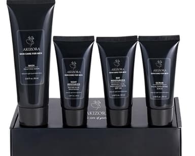 AKIZORA Coffret Soin Visage Homme – Kit 4-en-1 : Gel Nettoyant, Gommage Exfoliant, Crème de Jour SPF20 & Crème de Nuit – Routine Complète pour Peau Propre et Hydratée – Idée Cadeau Homme