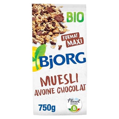 BJORG - Muesli Avoine Chocolat Bio - Aux Céréales Complètes - Réduit en Sucres - Format Maxi - Sachet de 750 g