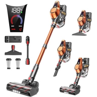 Aspirateur Balai sans Fil, 550W/45Kpa/60 Mins, Aspirateur sans Fil avec Affichage LED, Anti-Enchevêtrement, Brosse pour Canapé, 1,5L, Adapté pour Tapis, Sols Durs et Poils d'animaux(Orange)