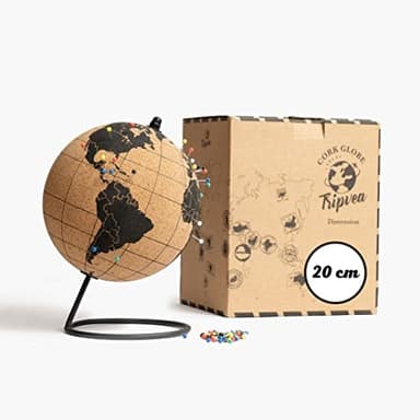 TRIPVEA® Globe terrestre 20 cm vintage en liège - Mappemonde décorative thème voyage - Idée cadeau et déco idéale pour votre bureau ou la chambre de votre enfant