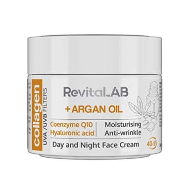 Revitalab - Crème De Jour Et Nuit Au Collagène Hydratante Anti-Âge, Enrichie En Acide Hyaluronique, Coenzyme Q10, Huile D’Argan Filtre À Rayons Uva/Uvb, Pour Personnes 40 55 Ans , 50 Ml (Lot 1)