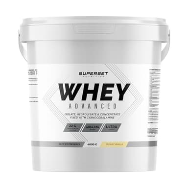 Superset Nutrition - 100% Whey Proteine Advanced (4kg) - 74% de protéines - Isolat + Concentrat + Hydrolysat, Digestion optimisée, Riche en BCAA et en glutamine - Vanille Crémeuse