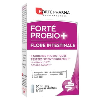 Forté Pharma - Forté Probio+ Flore Intestinale - Complement alimentaire - Souches probiotiques, confort intestinal - Lactobacillus rhamnosus - Gélules gastro-résistantes - 30 gélules, 1/jour