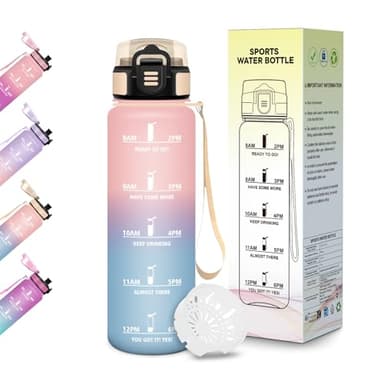 Motswedi Gourde, 500ml Sans BPA, Gourde Enfant, Anti-Fuite avec Verrou Sécurisé, Bouteille Avec Horodatage, Parfaite pour École, Yoga et Randonnée - Rose&Bleu ciel