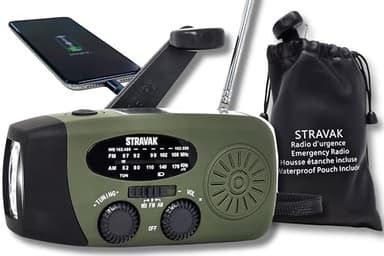 STRAVAK- (Marque Française) - Radio à Piles de Survie Dynamo Solaire – Radio d’Urgence avec Manivelle, Lampe LED & Power Bank – Compacte, Étanche et Rechargeable pour Randonnée, Camping, Secours