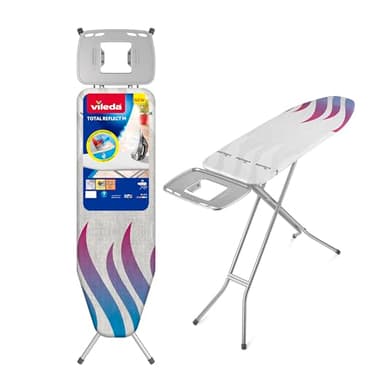 Vileda Planche à Repasser Total Reflect M, Table à Repasser avec Technologie de réflexion de la Chaleur et de la Vapeur, Repassage Rapide, 120x38 cm, Hauteur réglable 76-96 cm