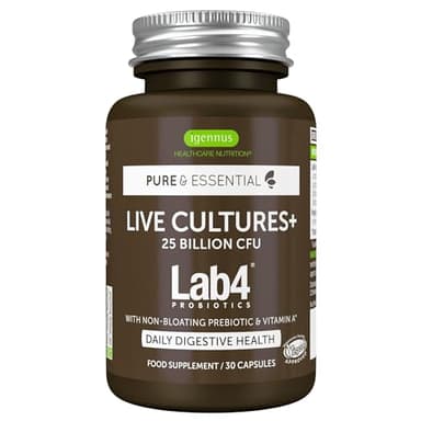Probiotiques et Prébiotiques, Complexe Lab4 pour la Flore Intestinale, avec Lactobacillus Acidophilus & Bifidobacterium, 25 milliards d’UFC garantis, Vegan, 30 capsules – par Igennus