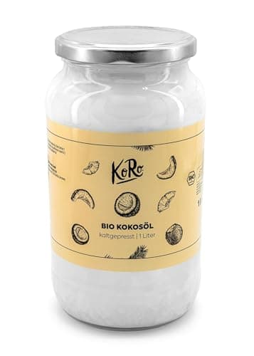 KoRo - Huile de coco bio 1 L - Huile de Coco Biologique, Naturelle, Vegan - Un pot en verre avec bouchon, pour la cuisine, la pâtisserie, les cosmétiques, le bien-être