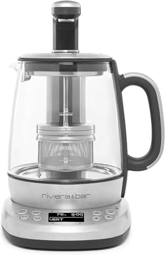 riviera&bar Théière Bouilloire CHA DAO EXPERT à Température Réglable - Verre Trempé et Inox, Mode Silencieux, Infusion Thé Optimale, Écran LCD, Programmes Personnalisables - 1,5L - Inox