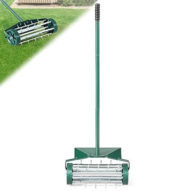 COSTWAY Aérateur à Gazon Roulant de 46 cm, Scarificateur Manuel à Pointes Rotatives avec Large Écran de Protection Longue Poignée pour Pelouse Gazon Jardin 46 x 15 x 127 cm, Vert