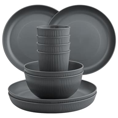 FUNYKICH Ensemble de Vaisselle 32 pièces, Service de Table, Bol, Plate, Tasses, Vaisselle pour Pique-Nique, Vaisselle Incassable 12 pcs (Gris)