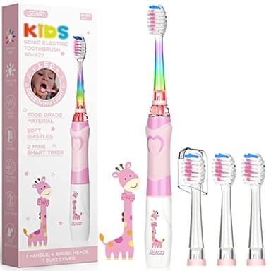 Seago Enfants Brosse À Dents Électrique pour 3-12 Ans avec Minuteur Intelligente et Lampes à LED de Couleur et 4 Douces Têtes de Brosse pour Kids Filles et Garçons SGEK6/SG977 (Rose)
